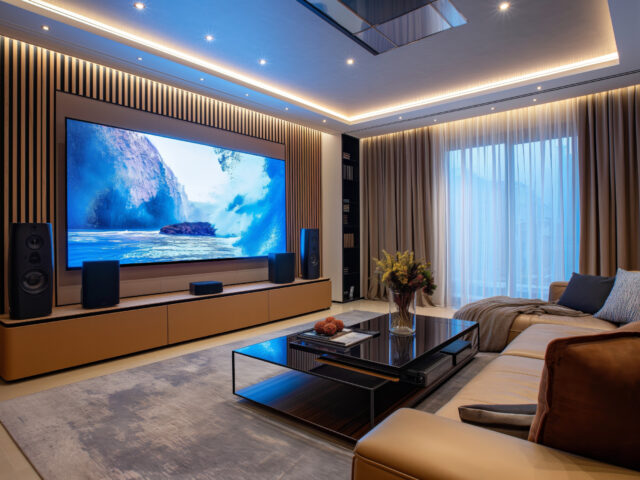 A modern living room with a large TV displaying ocean waves. The room features a sectional sofa, coffee table, potted plant, and surround sound system, with curtains covering a window.