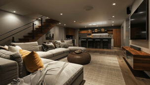 A modern living room with a sectional sofa, cushions, a large TV, and a pouf. The adjacent kitchen area has bar stools and pendant lights. A staircase is visible on the left.