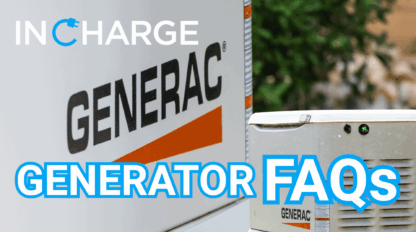 Close-up of GENERAC generators with the text "IN CHARGE GENERATOR FAQs" in bold blue and white letters overlaying the image.