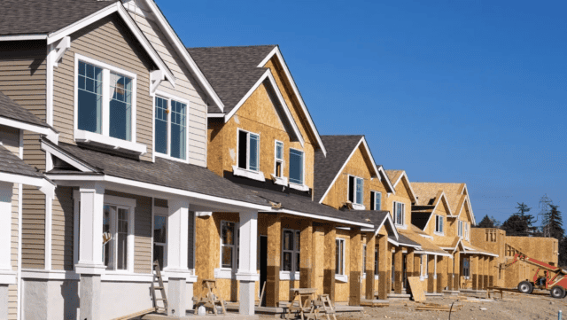 A row of houses mid-construction.