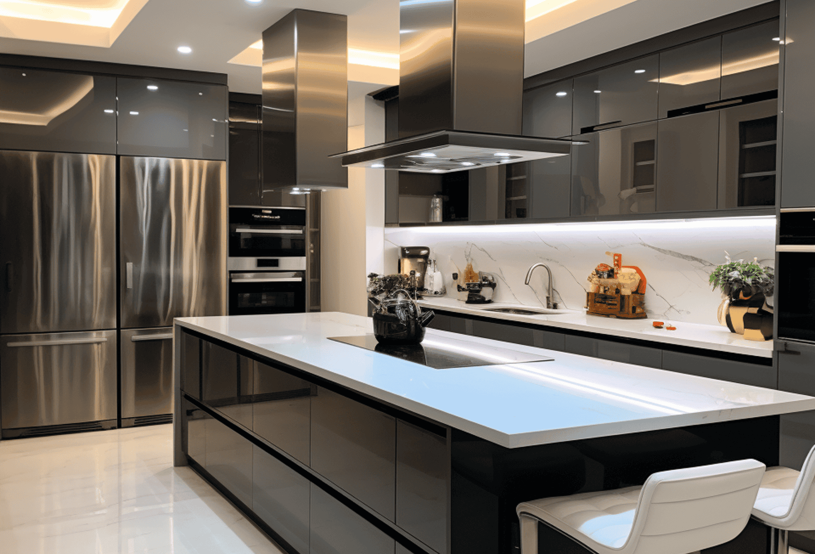 A modern kitchen with a large island in the center and two white high top chairs.