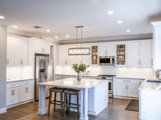 A modern-looking kitchen with white accents.