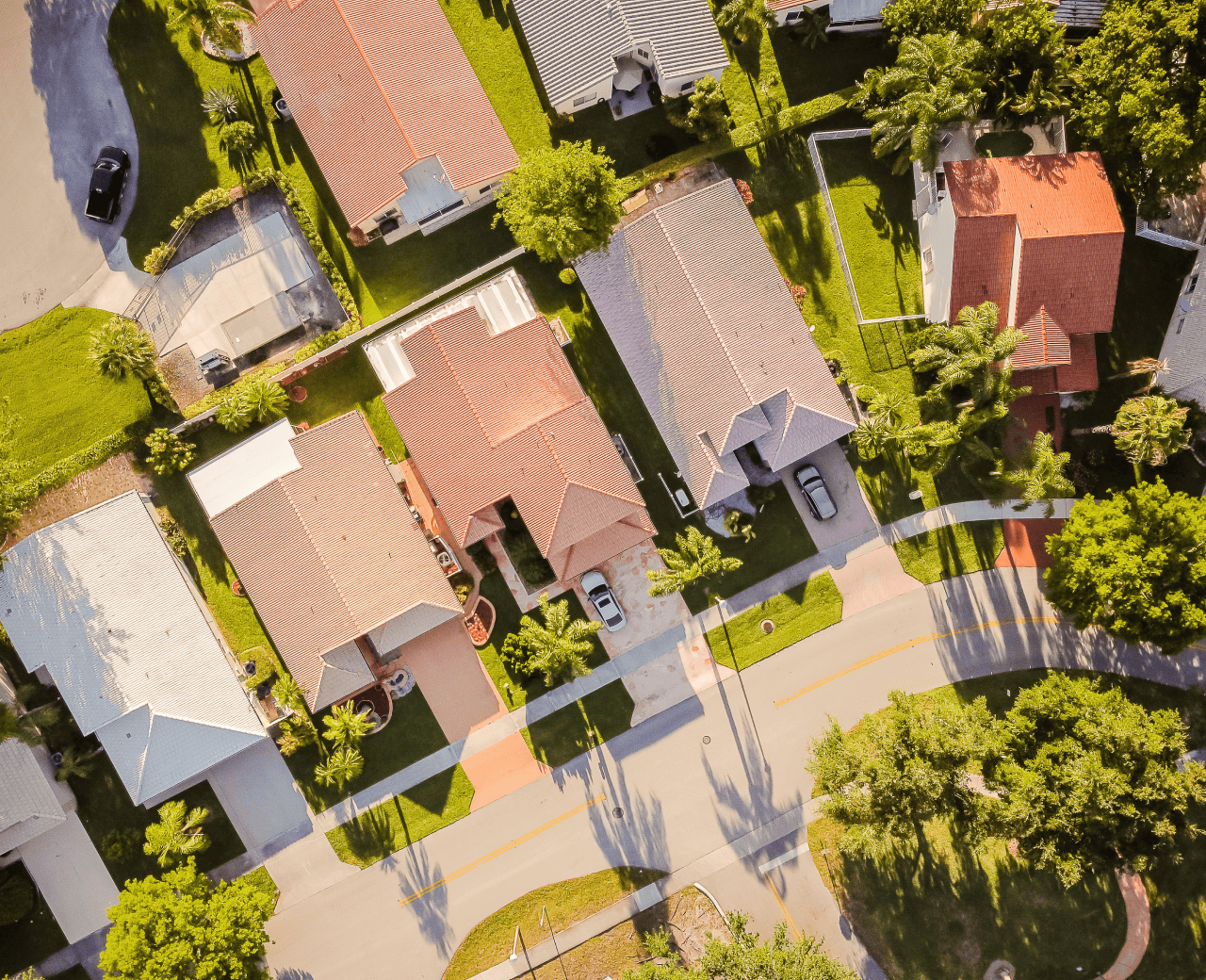 An aerial shot of a suburban neighborhood.