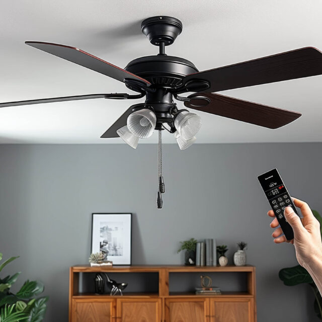 A hand holding a remote points at a black ceiling fan with four blades and lights, mounted in a modern room with gray walls and plants.