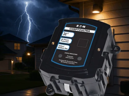 A surge protector device is mounted on the exterior of a house at night, with a lightning bolt visible in the sky nearby.