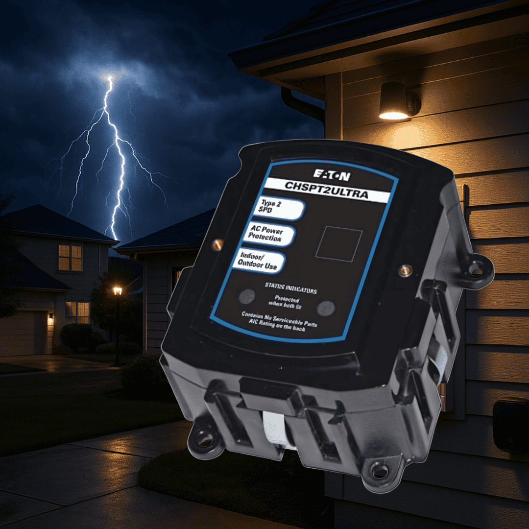 A whole-home surge protector overlaid in front of a home with a lightning strike in the distance.