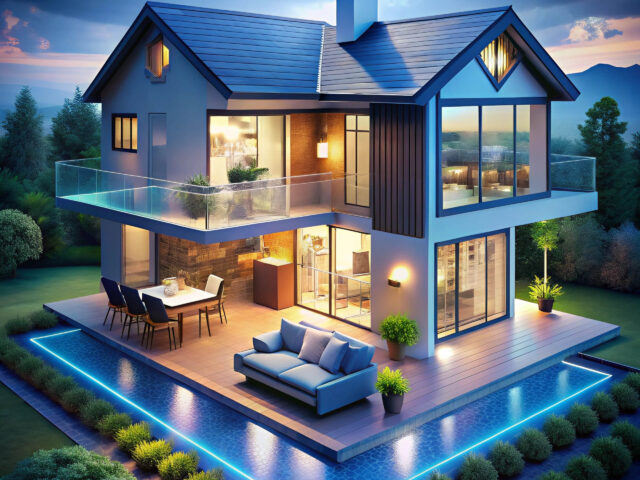 Modern two-story house with large windows, glass balcony, and outdoor seating, set on a lit platform surrounded by a reflective water feature, against a twilight backdrop.