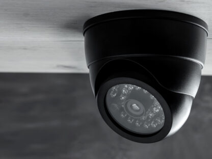 A home security camera attached to the ceiling of a house outside.