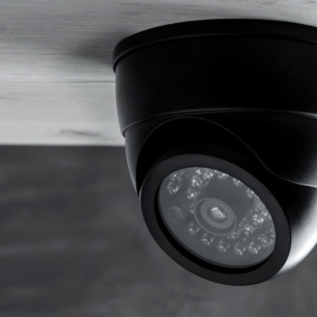 A home security camera attached to the ceiling of a house outside.