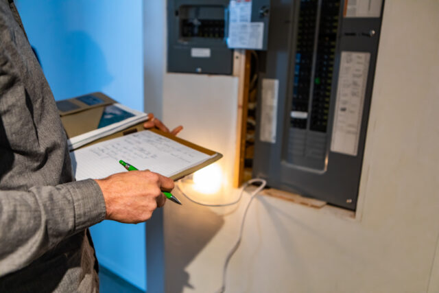 Person inspecting an electrical panel with a clipboard and pen.