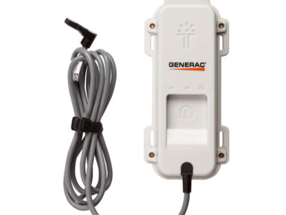 White Generac device with a cable wrapped around it, featuring a power button and indicator lights.