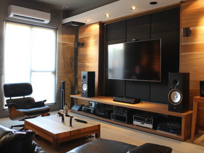 Modern living room with a flat-screen TV, large speakers, and a leather sofa. Natural light from a large window and a split air conditioning unit above enhance the ambiance.