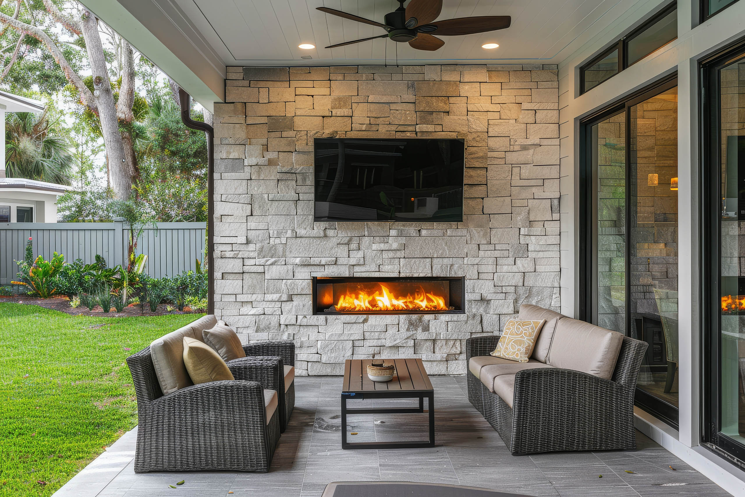 Modern outdoor patio with fireplace, chairs, coffee table, and mounted TV, creating a cozy space.