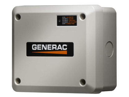 A beige Generac electrical panel box with a black and orange logo and four LED status indicators on the top right.