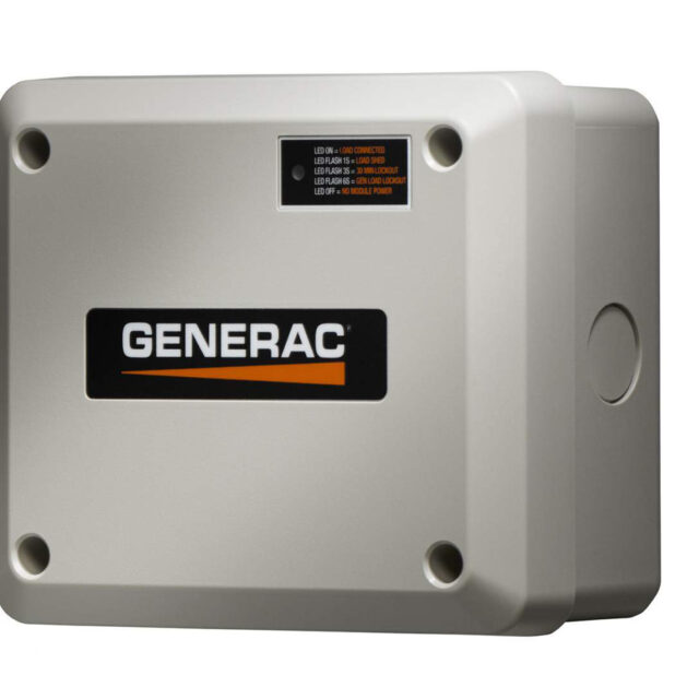 A beige Generac electrical panel box with a black and orange logo and four LED status indicators on the top right.