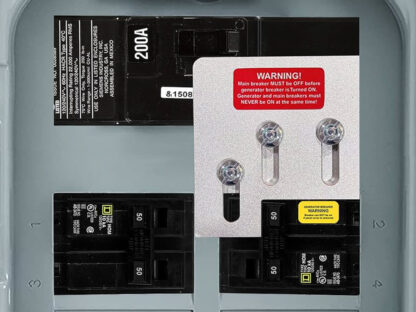 Close-up of an electrical panel with multiple switches, including a 200A switch. A warning sign advises turning off the main breaker before using a generator.