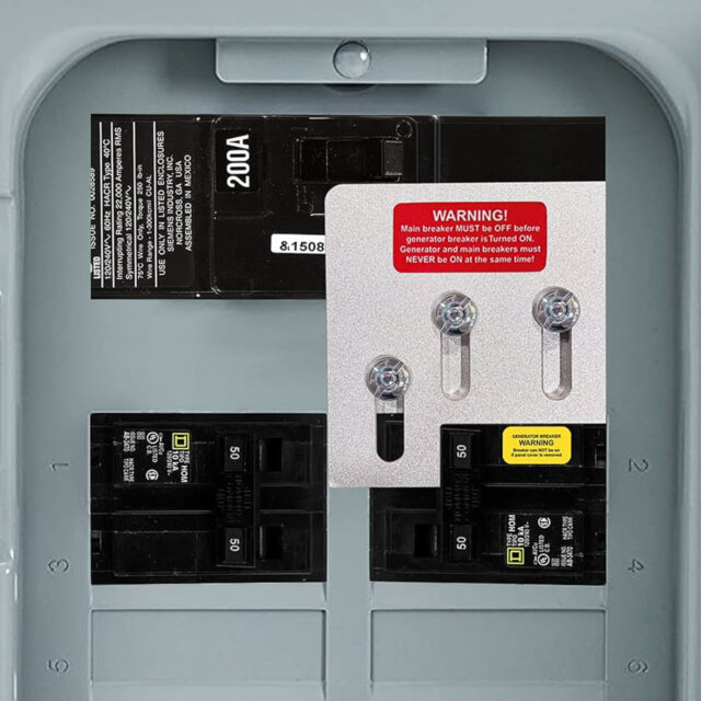 Close-up of an electrical panel with multiple switches, including a 200A switch. A warning sign advises turning off the main breaker before using a generator.