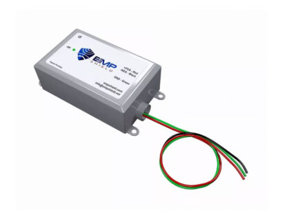 A rectangular electronic device with a label, featuring wires in red, black, and green extending from one end.