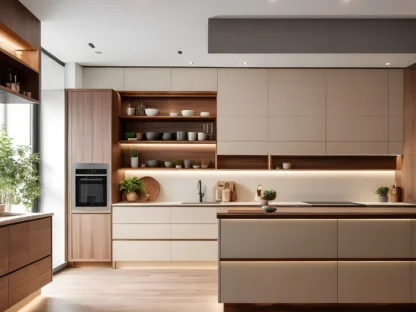 Modern kitchen with wooden cabinets, island, and open shelving. Natural light illuminates the space, highlighting potted plants and neatly arranged kitchenware.
