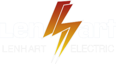Logo for Lenhart Electric, featuring stylized orange and yellow lightning bolt integrated into the text.
