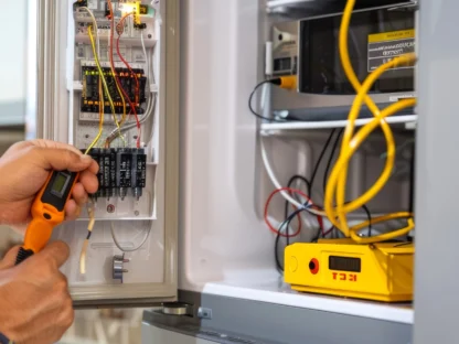 A person uses a handheld device to test wires in an electrical panel box, with various tools and a yellow voltmeter displayed.