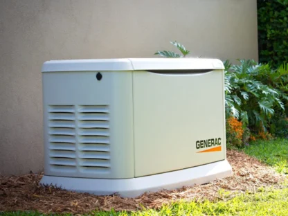 A Generac standby generator is installed next to a house, surrounded by mulch, with green grass and plants nearby.