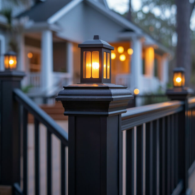 Close-up of a black lantern with a glowing light on a porch railing, with a blurred background of a house and additional lights in the evening.