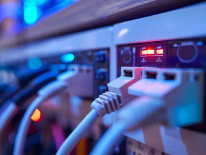Close-up of network cables connected to a server with indicator lights glowing, set in a dimly lit room with blue ambient lighting.