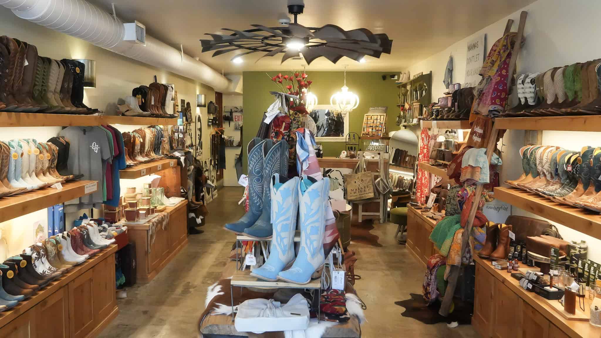The interior of a western leather goods boutique located in downtown Georgetown, Texas.