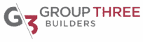 Logo for Group Three Builders featuring “G3” split by a diagonal line, with "GROUP THREE BUILDERS" written beside it in gray and red capital letters.