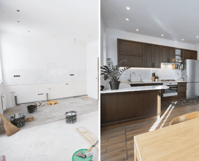 Side-by-side comparison of a kitchen before renovation, showing bare walls and construction tools, and after renovation, featuring modern cabinetry, appliances, and decor.