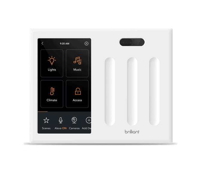 A white smart home control panel with a touchscreen displaying options for lights, music, climate, and access.
