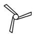 Black silhouette of a three-blade wind turbine viewed from below against a clear sky.